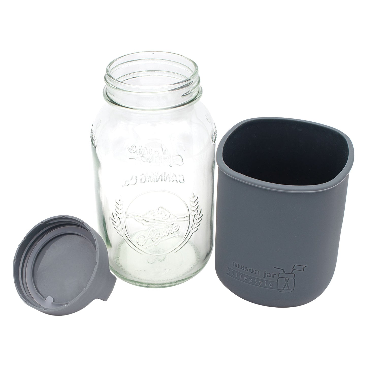 32oz Mason Jar Lifestyle glass water bottle with silicone sleeve, carry handle, and lid in azure color.