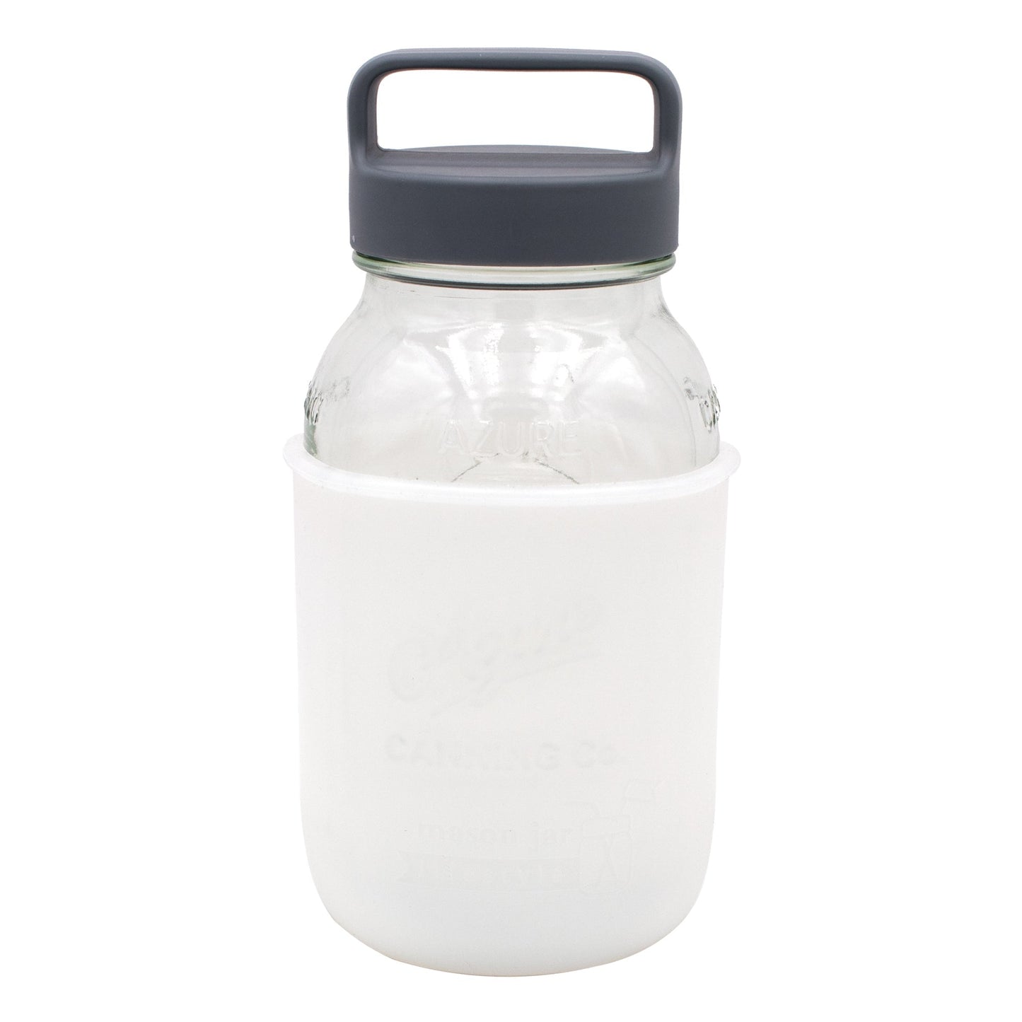 Aquamarine 32oz Mason Jar Lifestyle glass water bottle with silicone sleeve and carry handle, designed for stylish hydration.