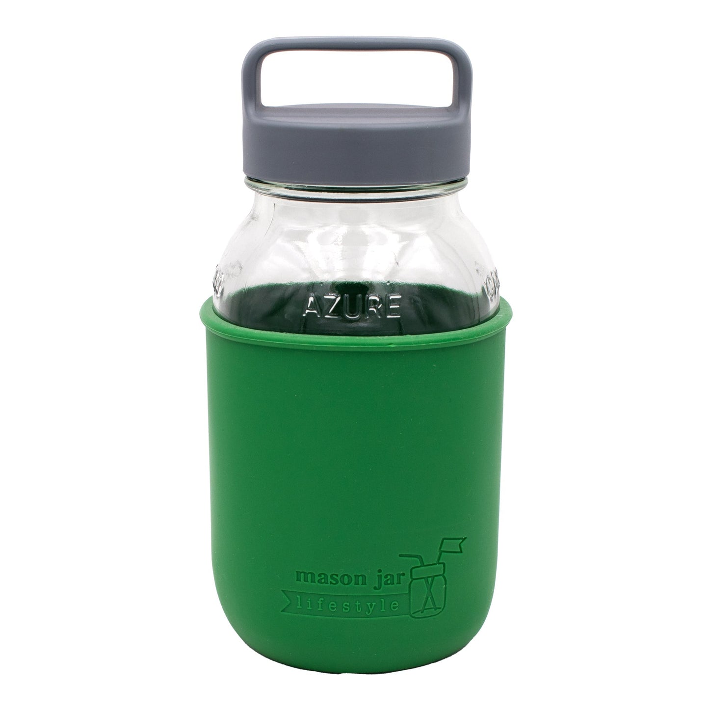 Aquamarine 32oz Mason Jar Lifestyle glass water bottle with silicone sleeve and carry handle for hydration and style