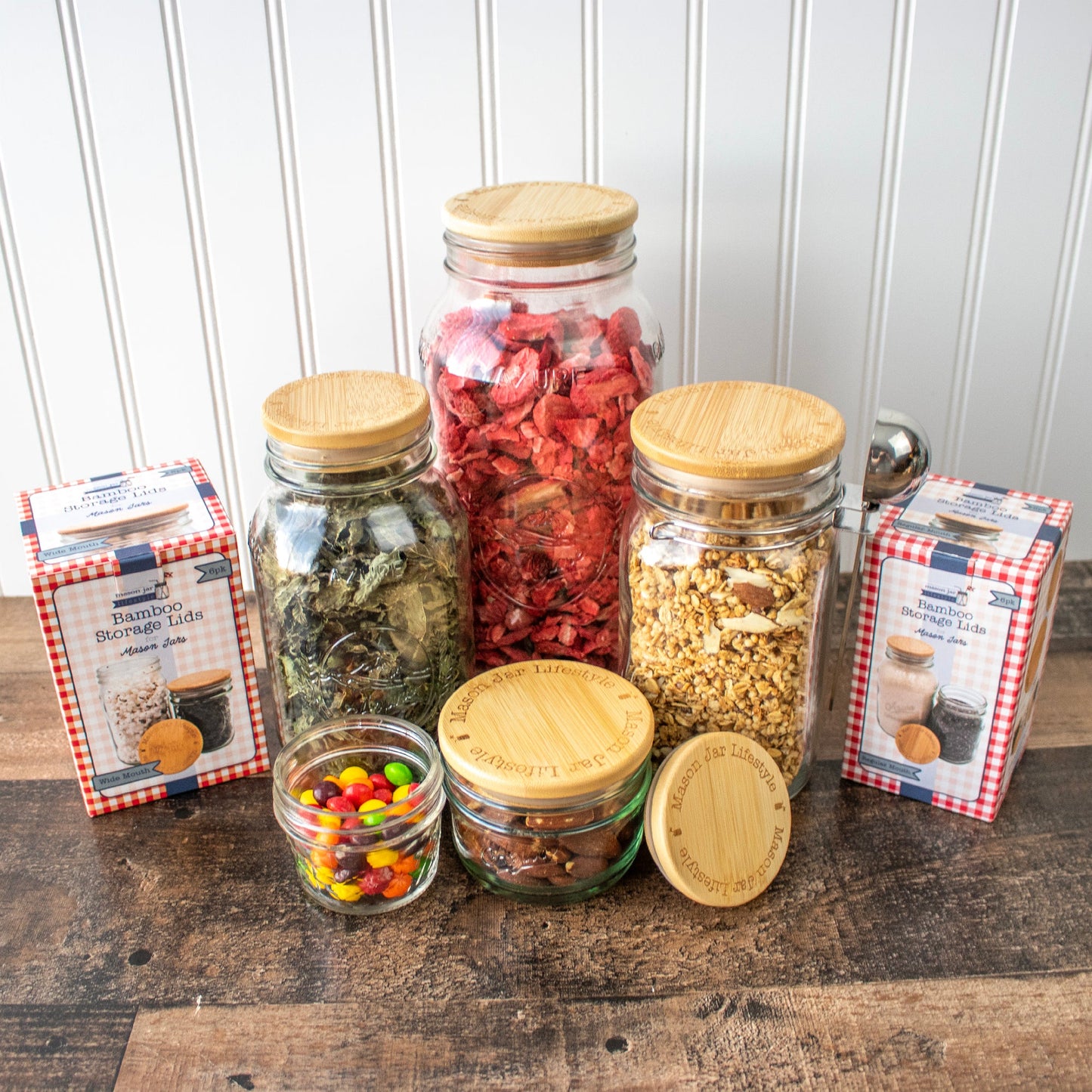 Bamboo storage stopper lids for Mason jars, ideal for snacks, pantry items, coffee, and dried goods organization.