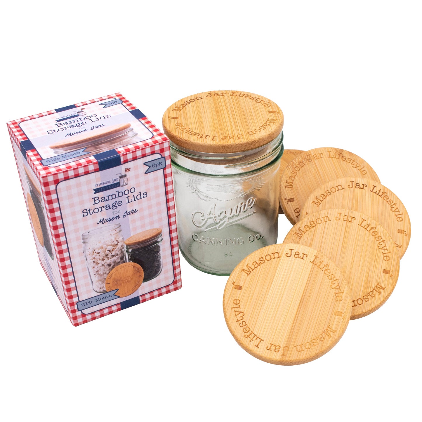 Bamboo storage stopper lids for wide-mouth Mason jars, ideal for snacks, pantry, and meal prep organization.