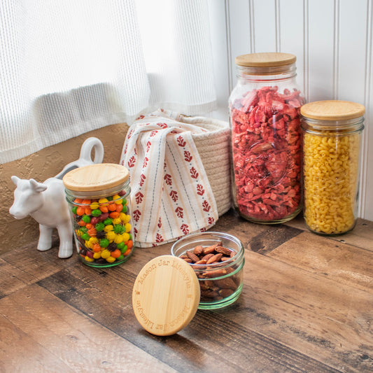 Bamboo storage lids for Mason jars, wide-mouth design, ideal for snacks, pantry, or meal prep, by Mason Jar Lifestyle.