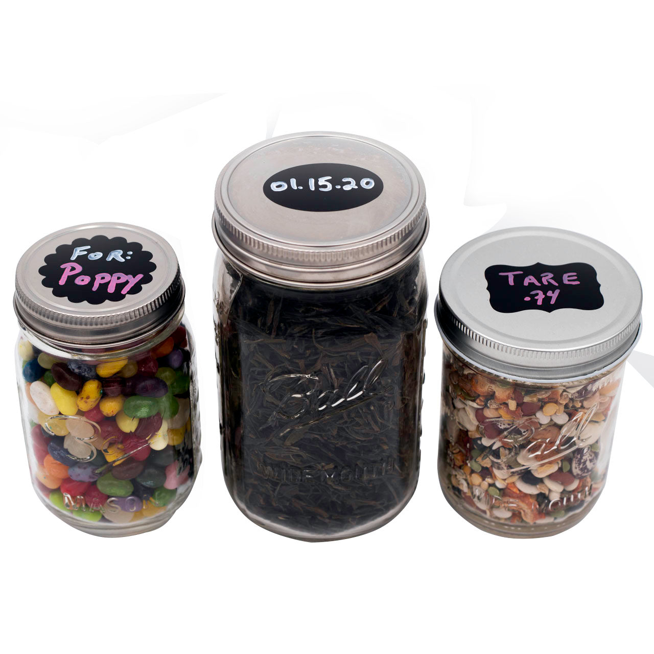 Set of 48 vinyl chalkboard labels in various shapes like circles, ovals, and rectangles with scalloped and fancy edges for jars.