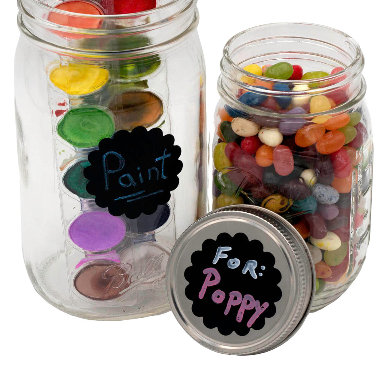 Set of 48 vinyl chalkboard labels with scalloped circle design from Mason Jar Lifestyle, featuring painted jelly bean illustrations.