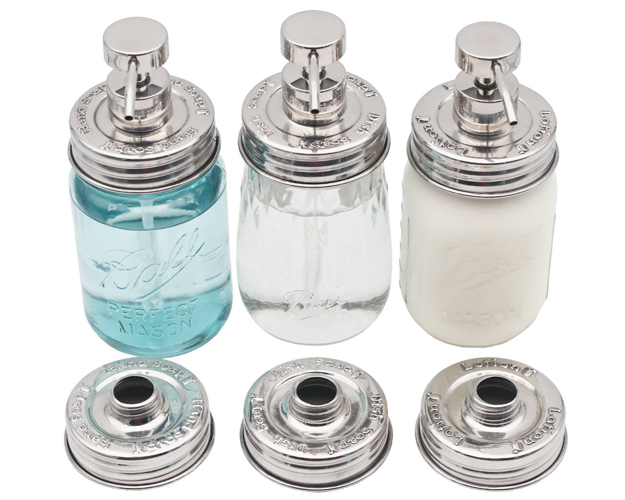 "Hand Soap," "Dish Soap," and "Lotion" Embossed Shiny Dispenser Pumps for Regular Mouth Mason Jars 3 Pack - Blessings Grow Meadows