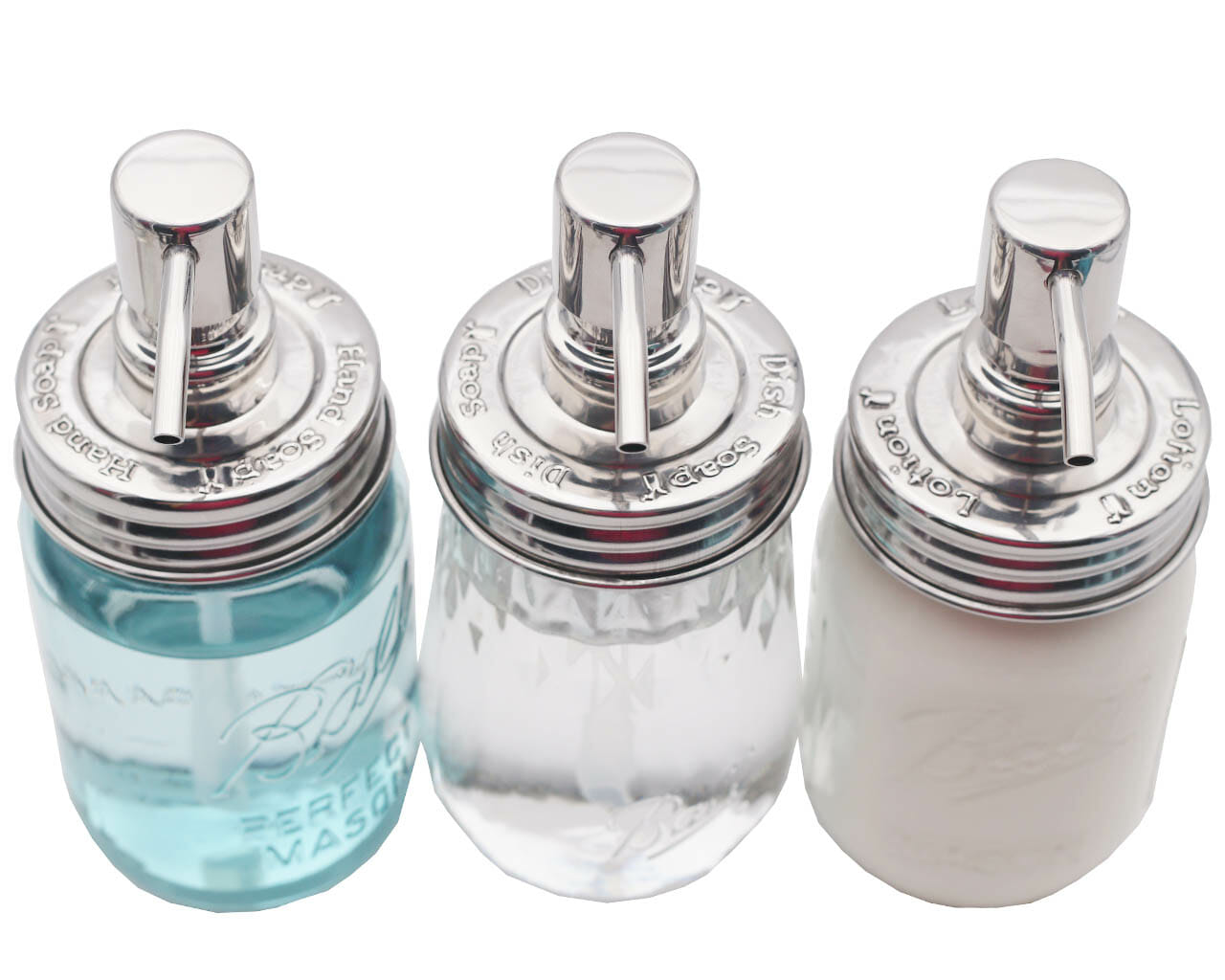 "Hand Soap," "Dish Soap," and "Lotion" Embossed Shiny Dispenser Pumps for Regular Mouth Mason Jars 3 Pack - Blessings Grow Meadows
