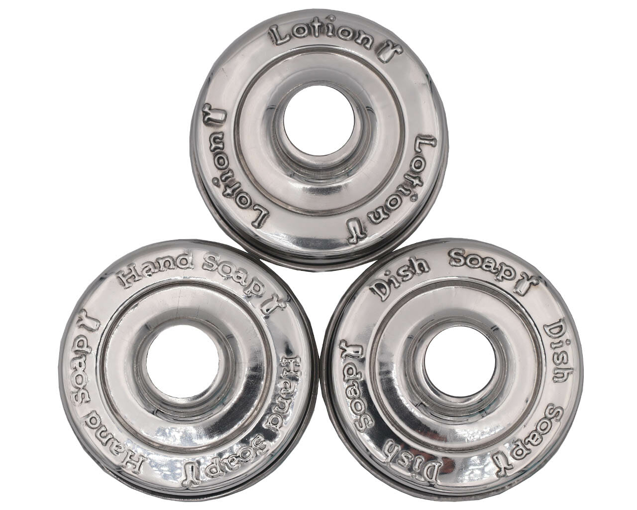 "Hand Soap," "Dish Soap," and "Lotion" Embossed Shiny Dispenser Pumps for Regular Mouth Mason Jars 3 Pack - Blessings Grow Meadows