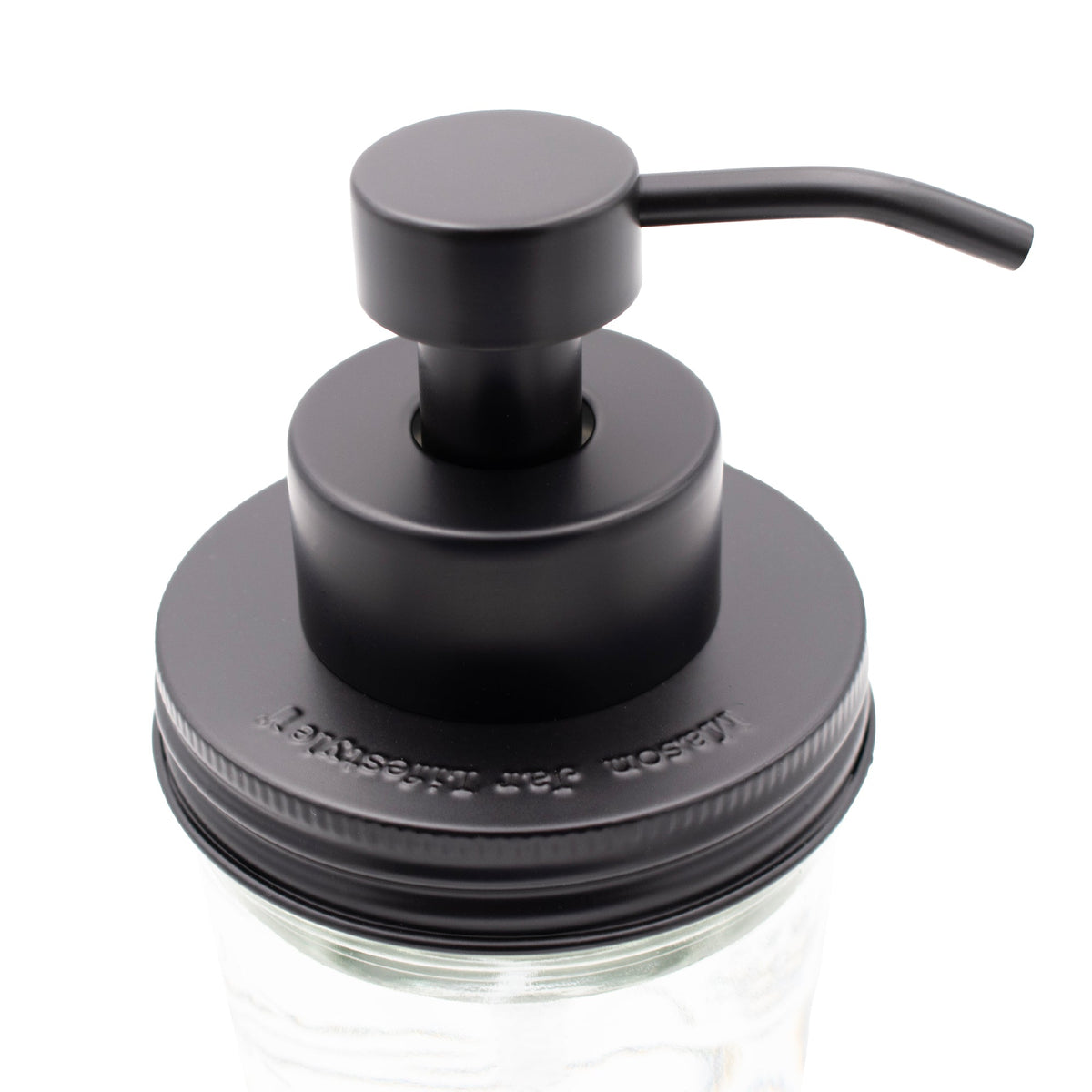 Matte black stainless steel foaming soap pump dispenser attached to a wide-mouth mason jar in a kitchen or bathroom setting.
