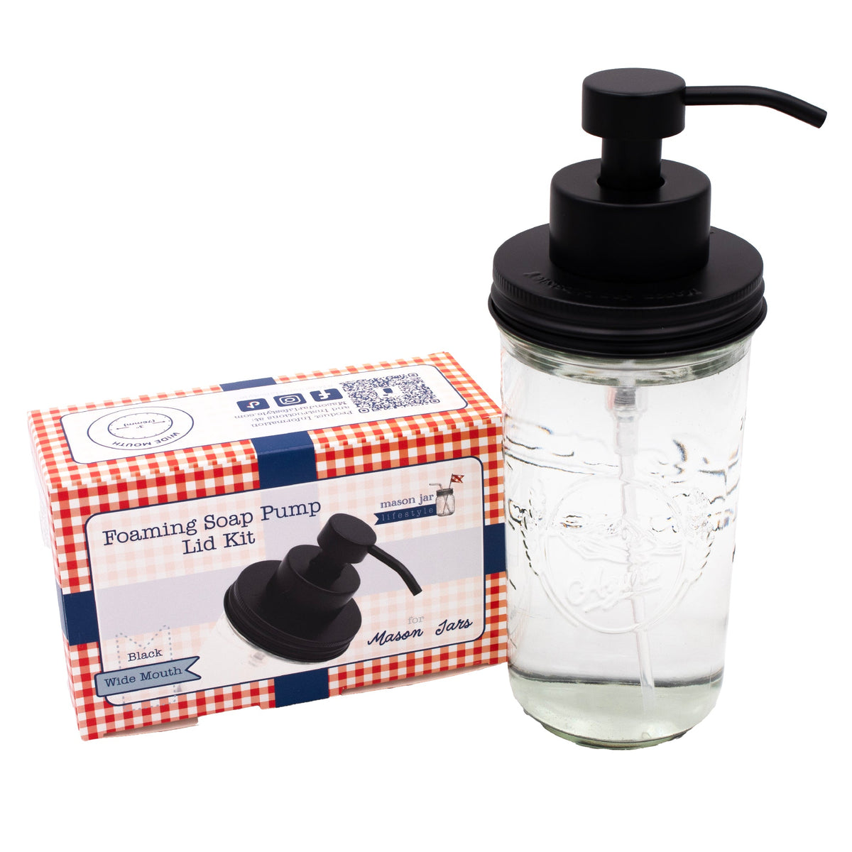 Matte black stainless steel foaming soap pump dispenser for mason jars, suitable for kitchen or bathroom use, shown with packaging.