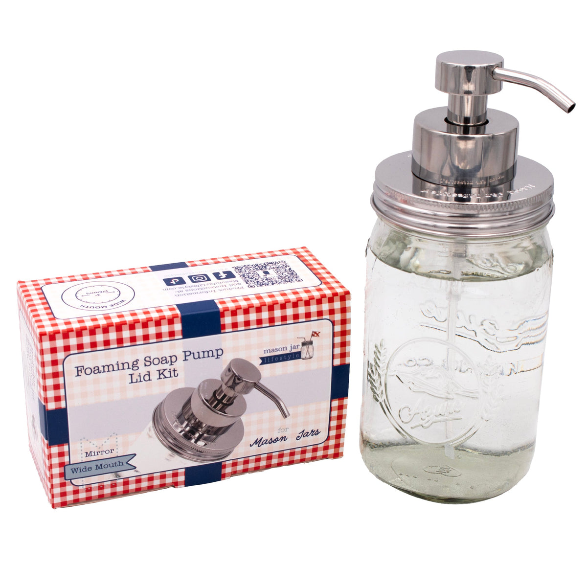 Stainless steel foaming soap pump dispenser for mason jars, suitable for kitchen or bathroom use, with wide-mouth jar compatibility.