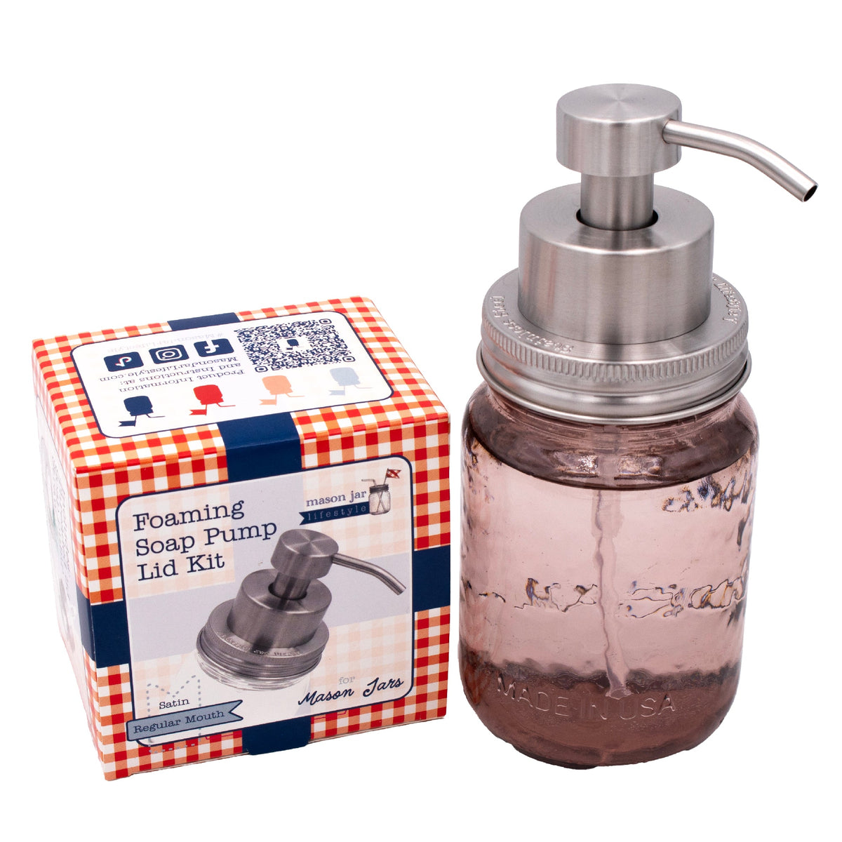Stainless steel foaming soap pump dispenser for mason jars, Mason Jar Lifestyle, satin finish, ideal for kitchen or bathroom use