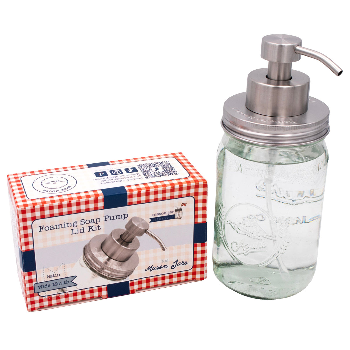 Stainless steel foaming soap pump dispenser for mason jars, designed for kitchen or bathroom use, with wide-mouth jar compatibility.