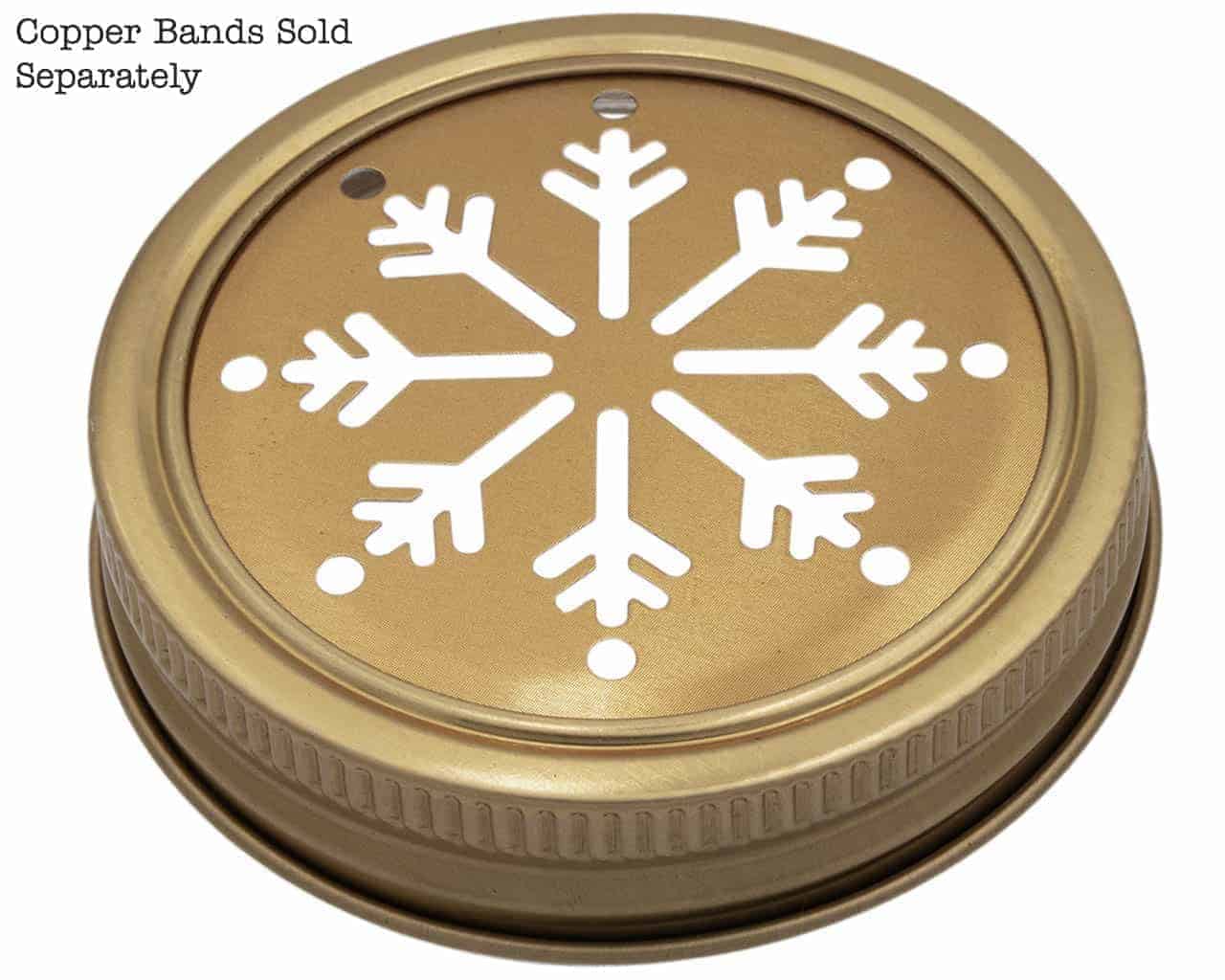 Set of 10 gold lid inserts with snowflake patterns for RM Mason jars by Mason Jar Lifestyle, decorative jar accessories.