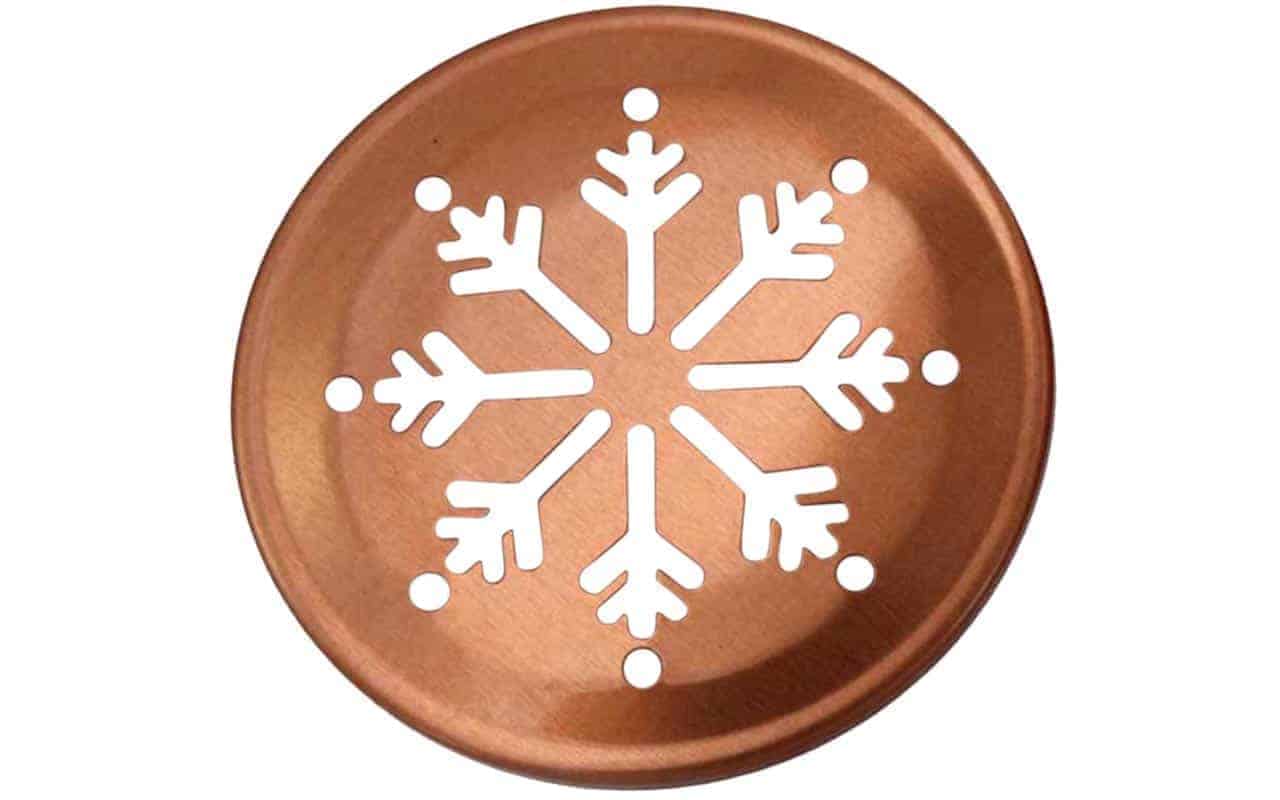Gold snowflake pattern lid inserts for RM Mason Jars, 10-pack, designed by Mason Jar Lifestyle for decorative jar lids.