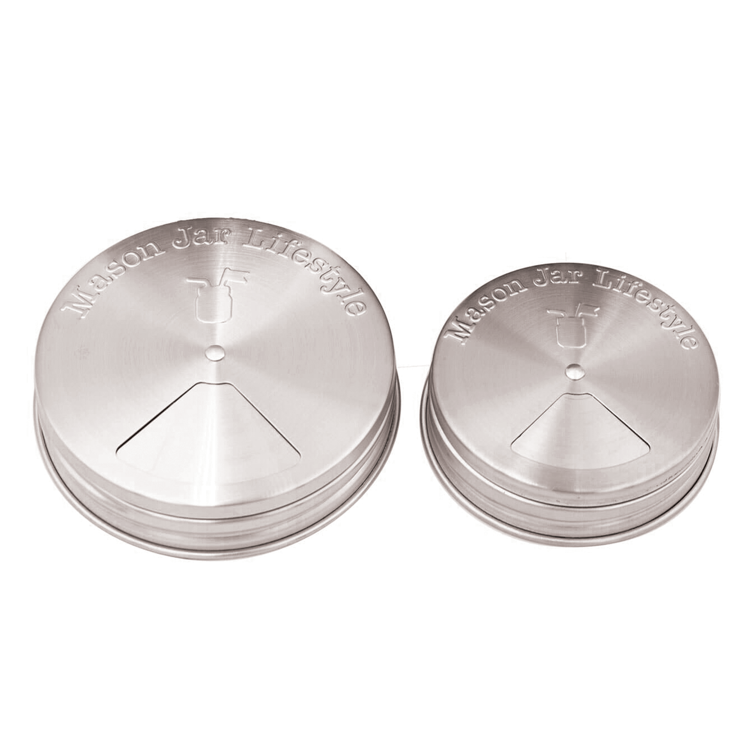 Set of four stainless steel spice shaker lids for mason jars, compatible with regular-mouth Mason Jar Lifestyle jars.