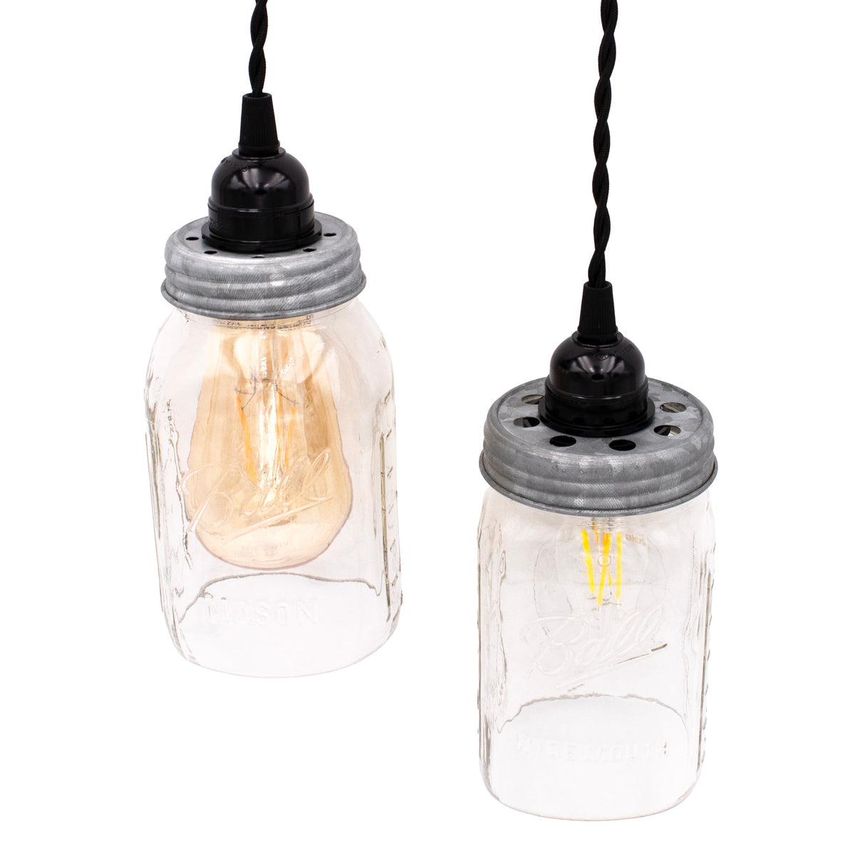 Galvanized lighting lid for Mason Jar Lifestyle pendant light fixture with bulb, designed for wide-mouth mason jars, home decor illumination