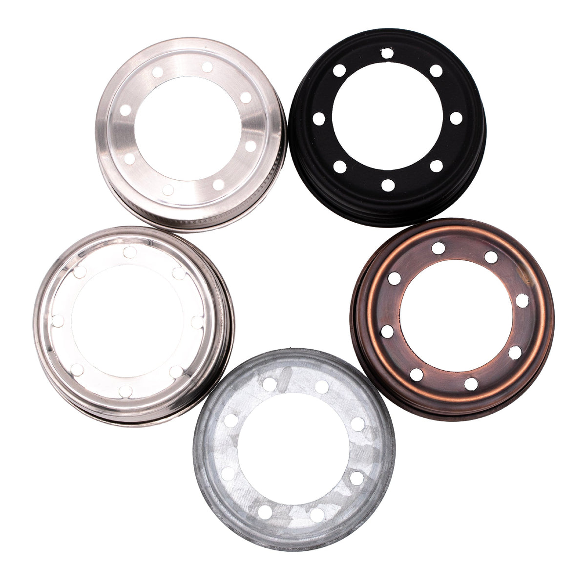 Stainless steel lighting lid for mason jar light fixture by Mason Jar Lifestyle, with mirror finish and black oil-rubbed bronze accents.