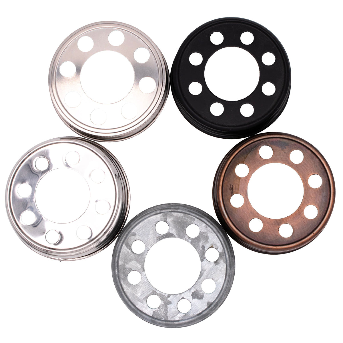 Stainless steel and black oil-rubbed bronze lighting lid for mason jar fixtures, with a reflective mirror finish and pendant light design.