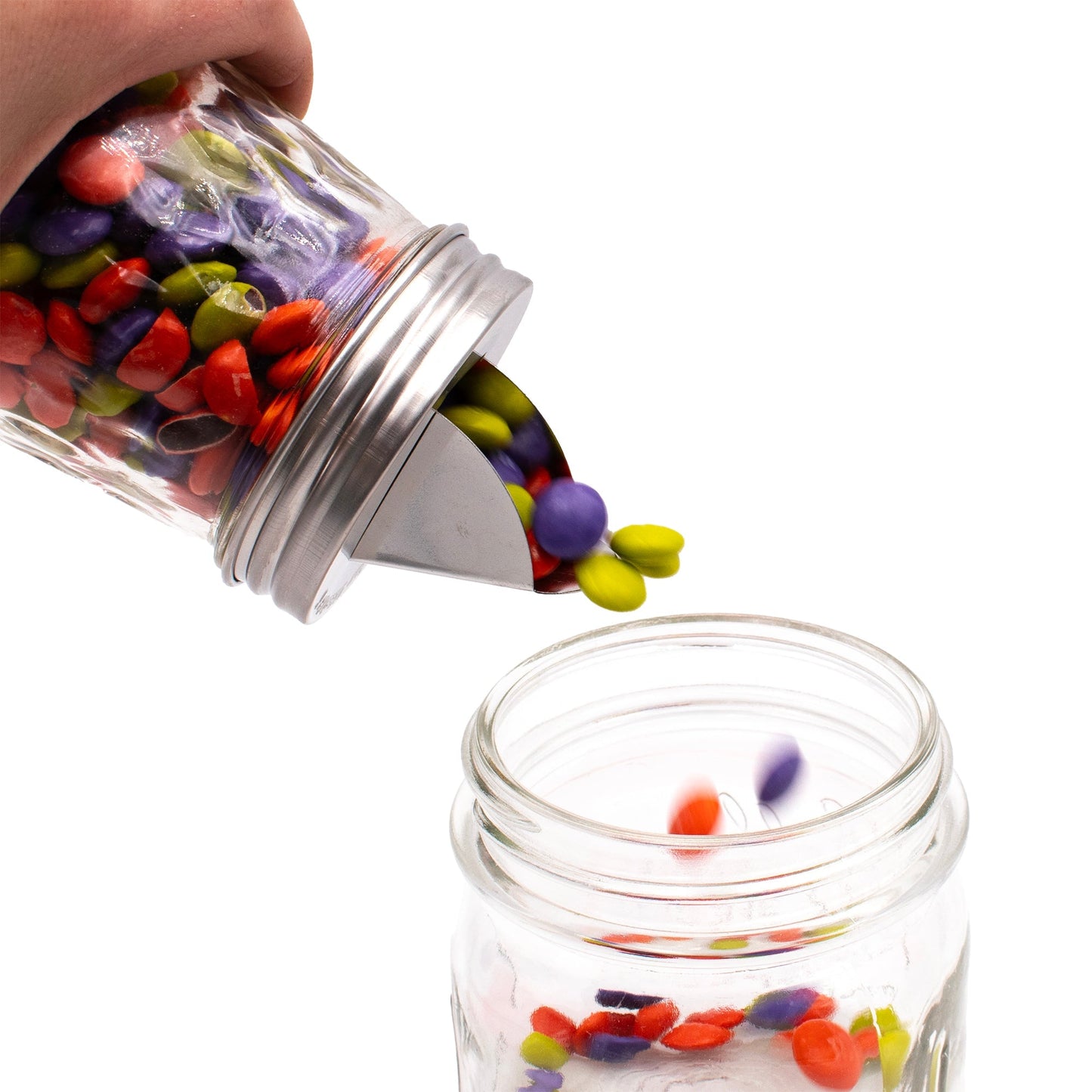 Two stainless steel grain dispenser lids for regular-mouth mason jars, designed by Mason Jar Lifestyle.