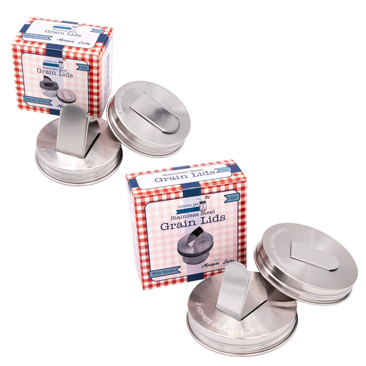 Two stainless steel grain dispenser lids for regular-mouth mason jars, compatible with Mason Jar Lifestyle products.