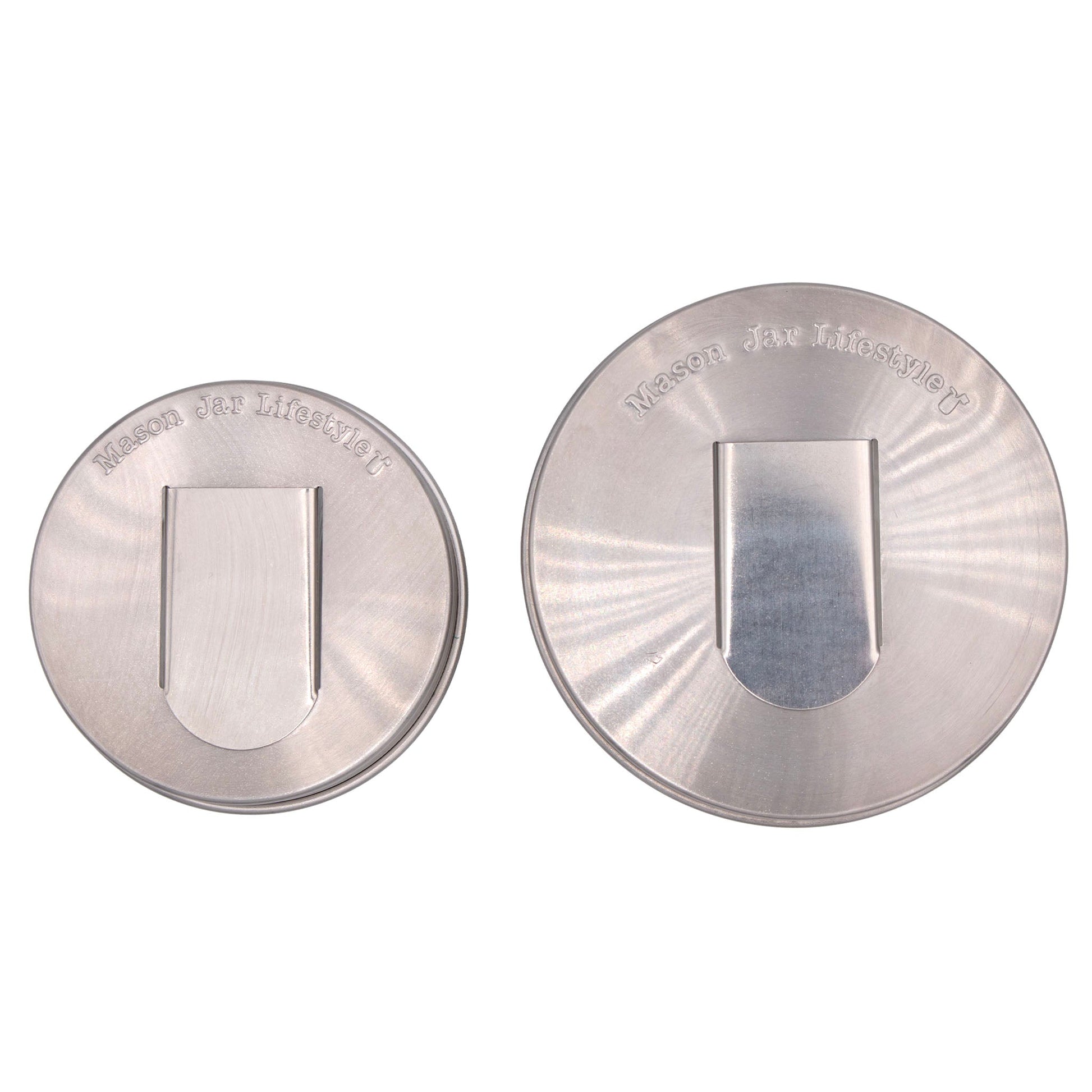 Two stainless steel grain dispenser lids for regular-mouth mason jars, designed by Mason Jar Lifestyle.