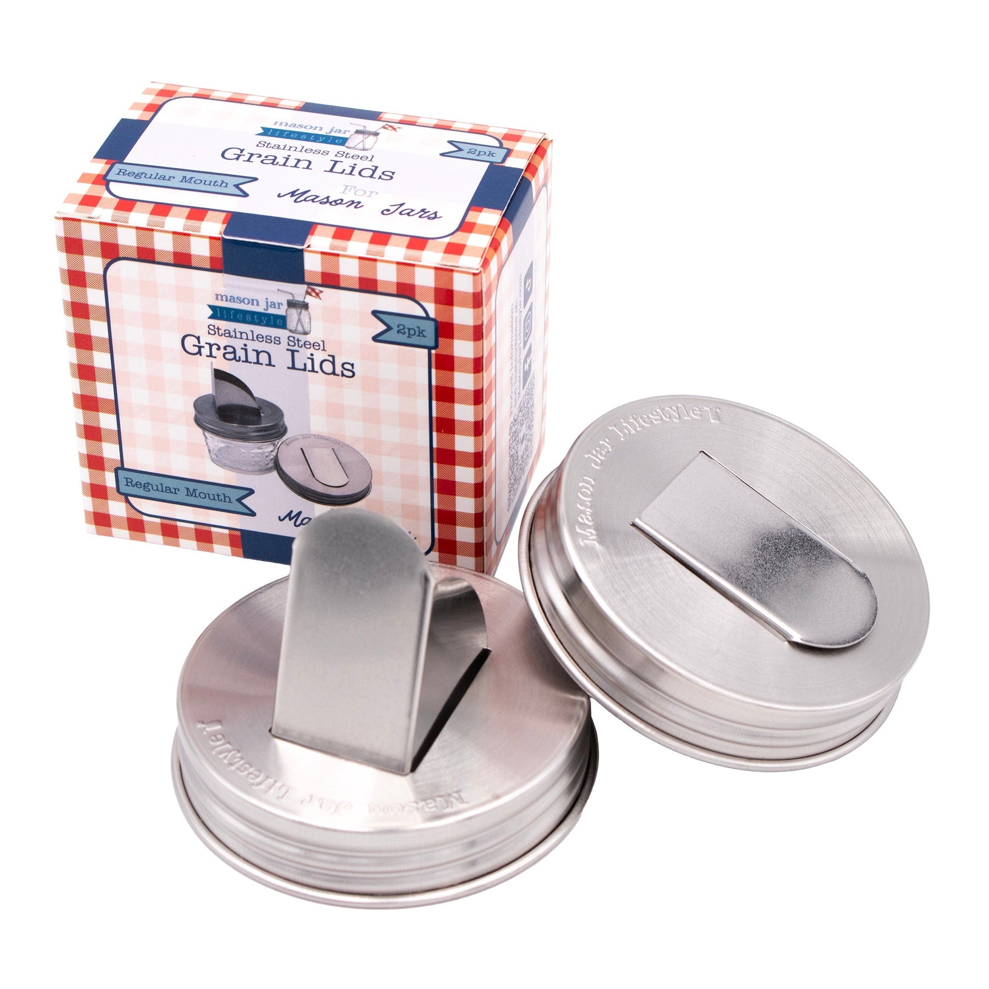 Two stainless steel lids with grain dispensers for regular-mouth Mason jars, perfect for storing grains and dry goods.