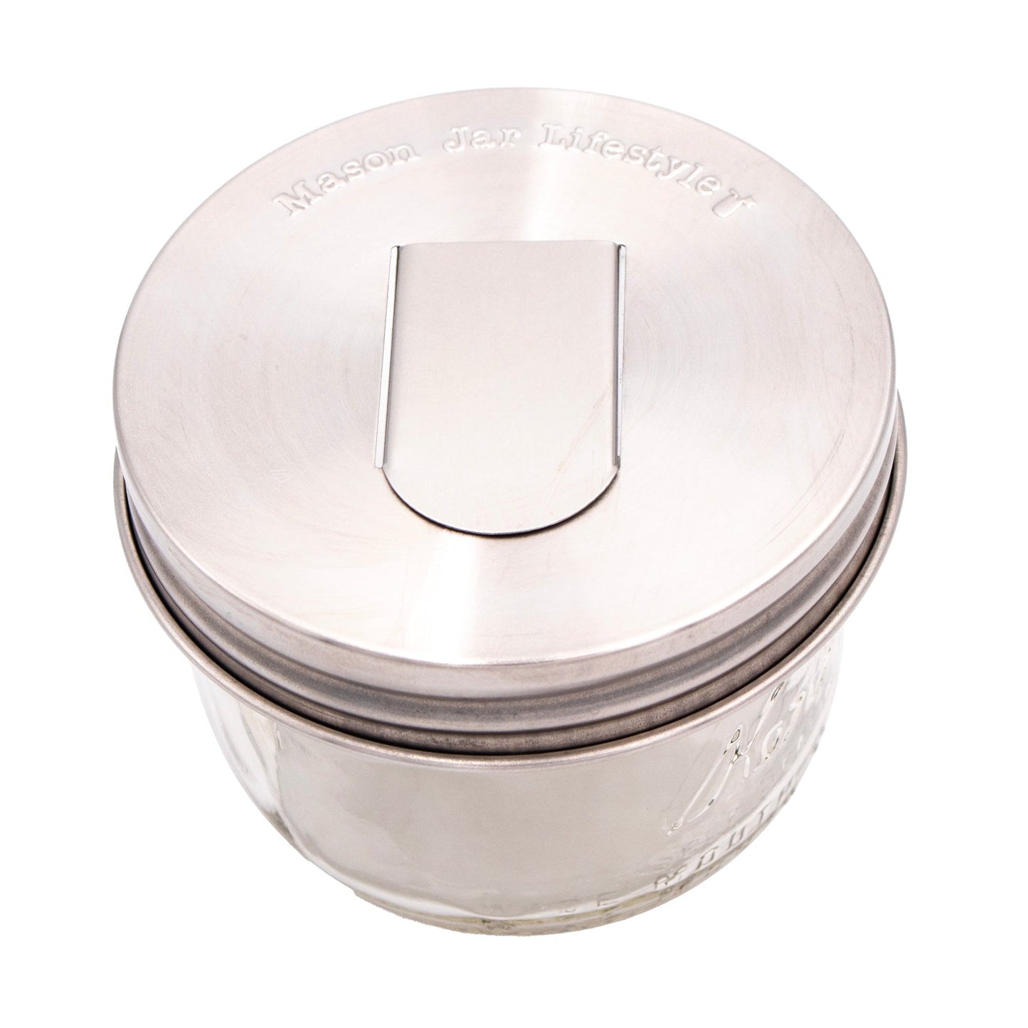 Two stainless steel lids with grain dispensers for regular-mouth Mason jars, designed for Mason Jar Lifestyle storage.