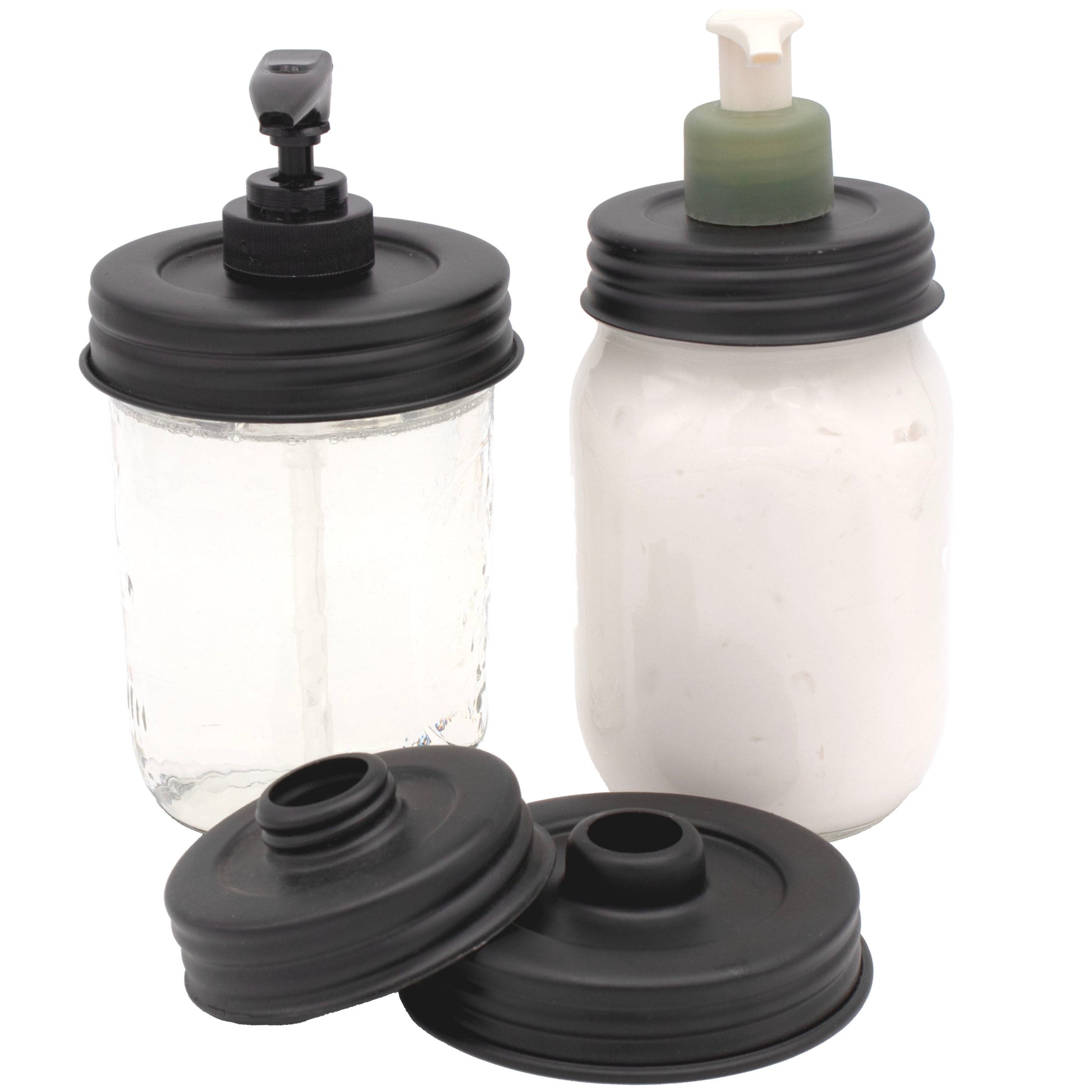 Brushed satin nickel Mason Jar Lifestyle adapter lid for repurposed lotion and soap pumps on a regular-mouth Mason jar.