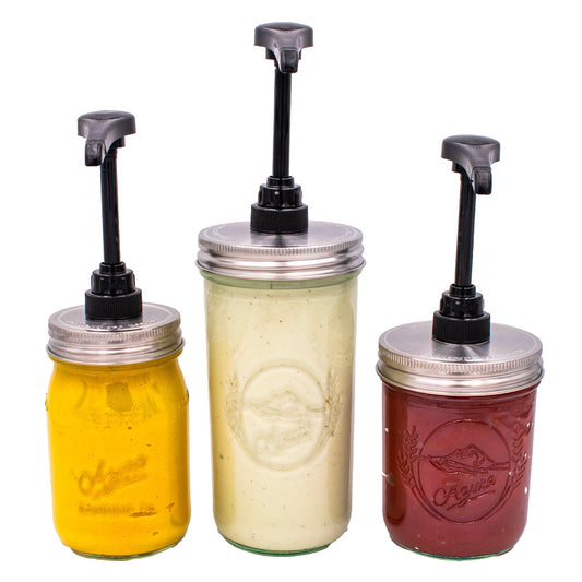 Food grade dispenser pump attached to a matte stainless steel lid for regular-mouth Mason jars by Mason Jar Lifestyle.
