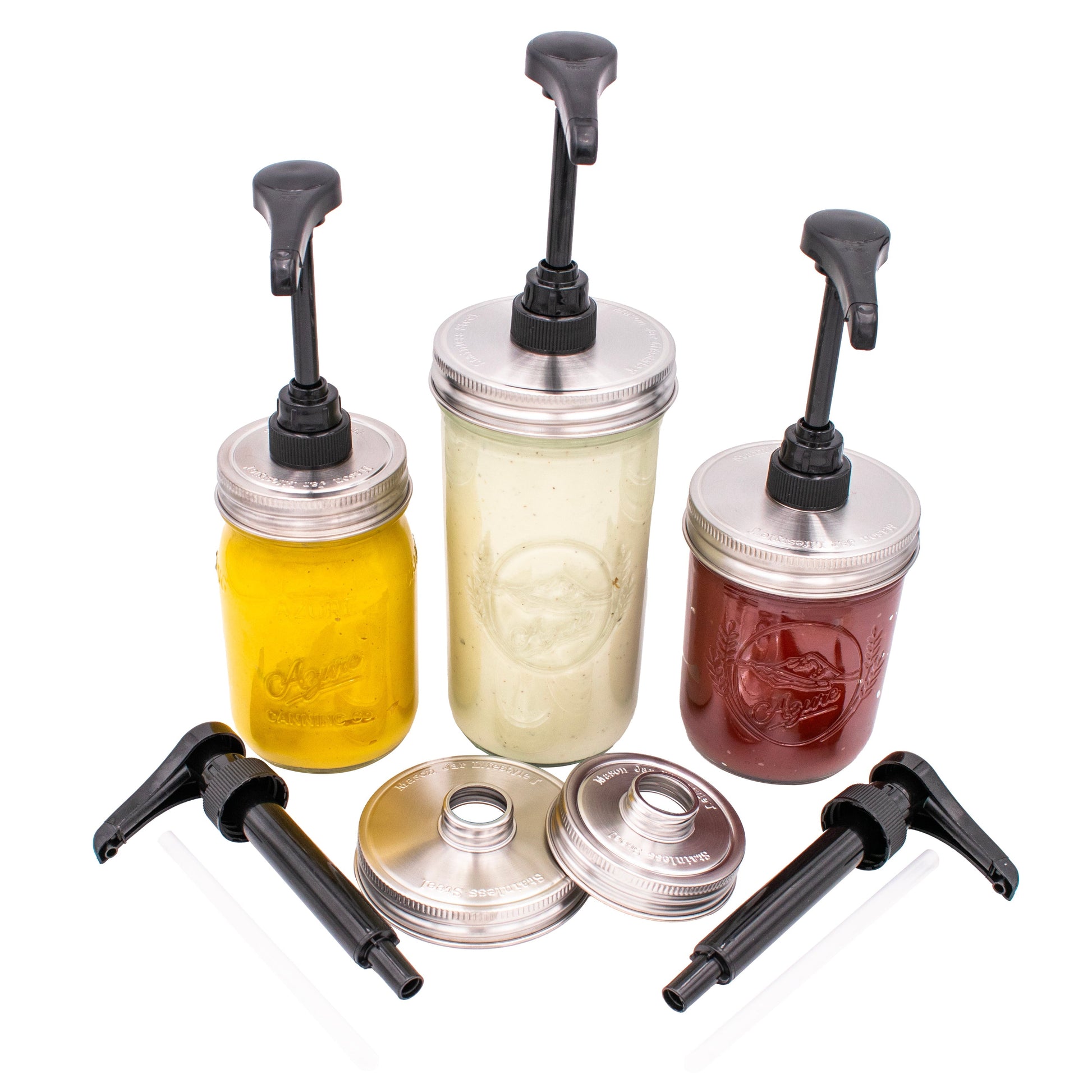Food grade dispenser pump attached to a regular mouth matte stainless steel lid on a Mason Jar Lifestyle mason jar for liquids or condiments.