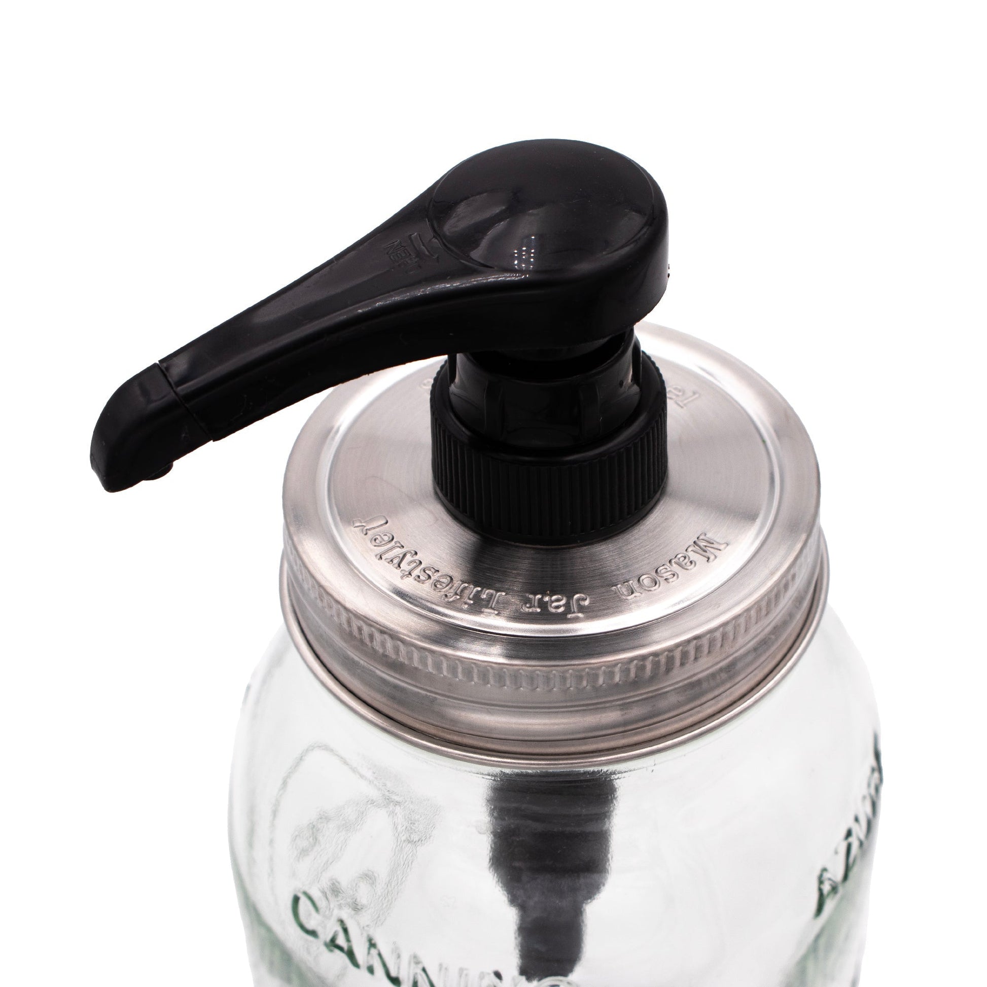 Food grade dispenser pump for mason jars with matte stainless steel lid, designed for regular-mouth mason jars by Mason Jar Lifestyle.