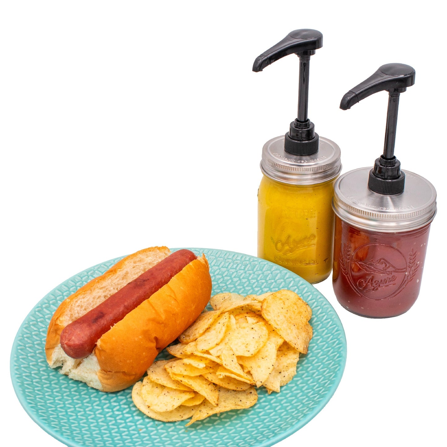 Food grade dispenser pump attached to a matte stainless steel lid for regular-mouth Mason jars, ideal for liquids or condiments.
