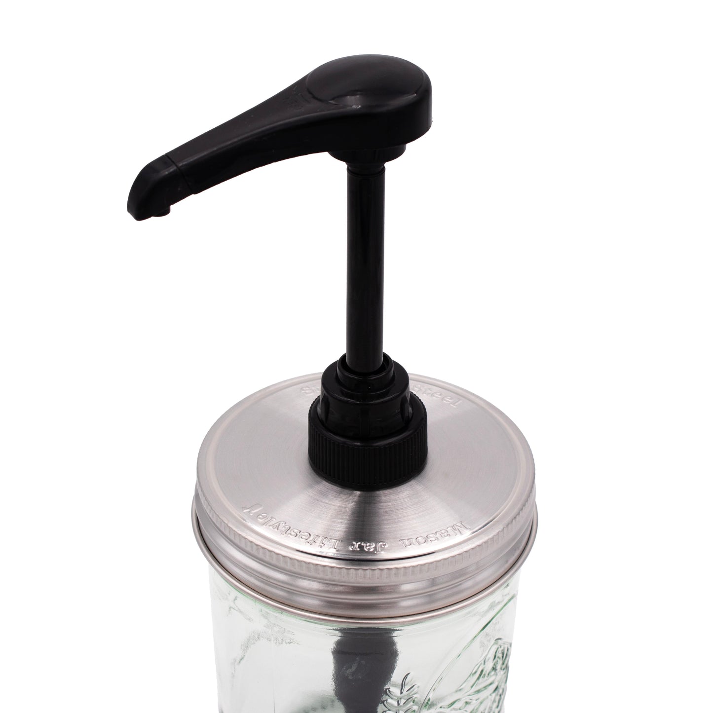 Food grade dispenser pump attached to a matte stainless steel lid for regular-mouth Mason jars, ideal for liquids and sauces.