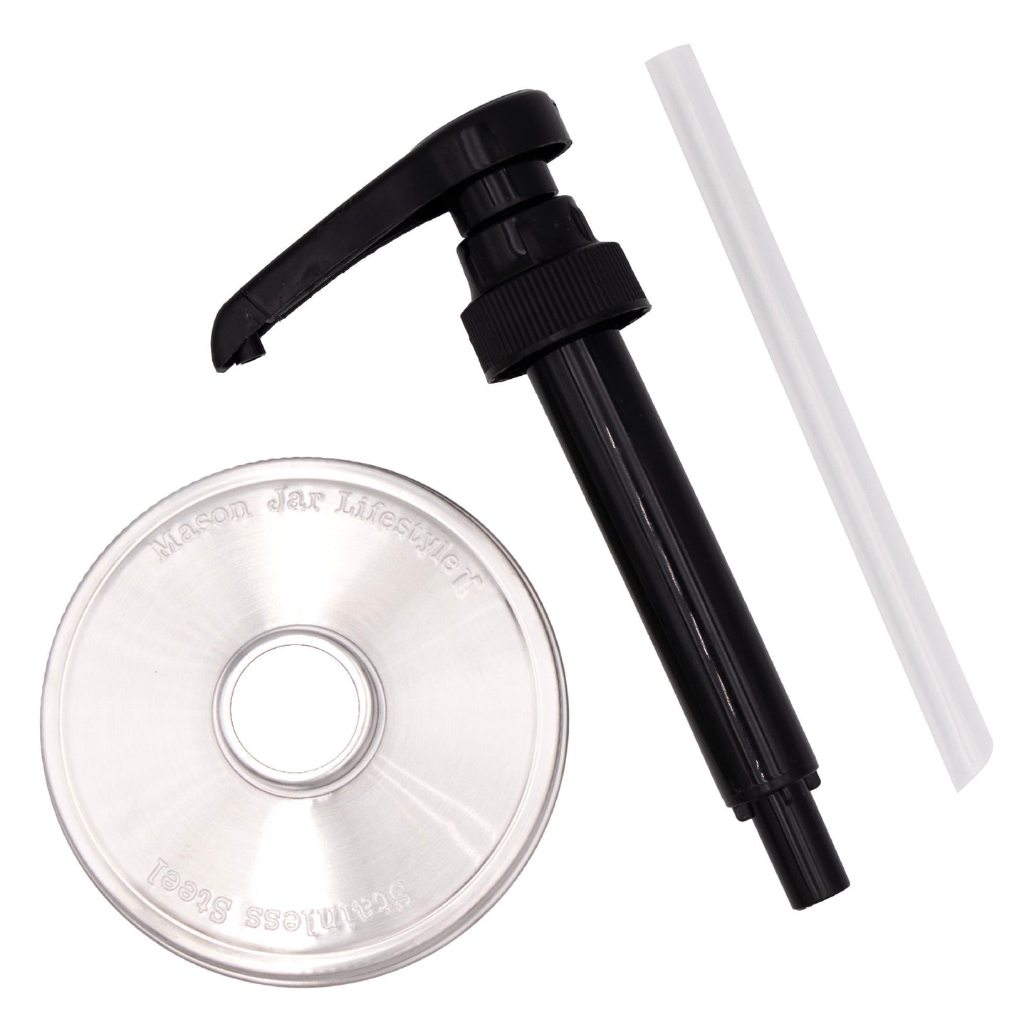 Food grade dispenser pump attached to a matte stainless steel lid on a regular mouth Mason jar, ideal for liquids and sauces.