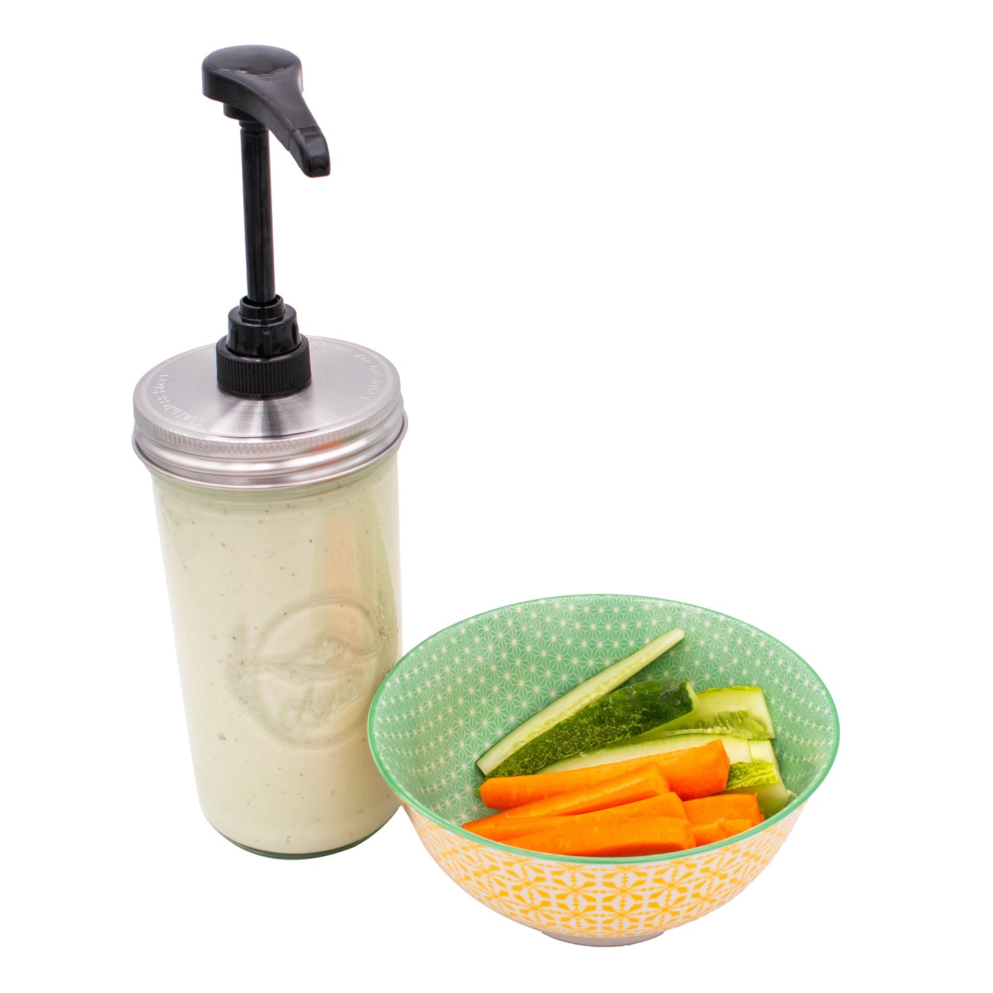 Food grade dispenser pump for mason jars with matte stainless steel lid, fits regular-mouth jars, ideal for liquids and beverages.