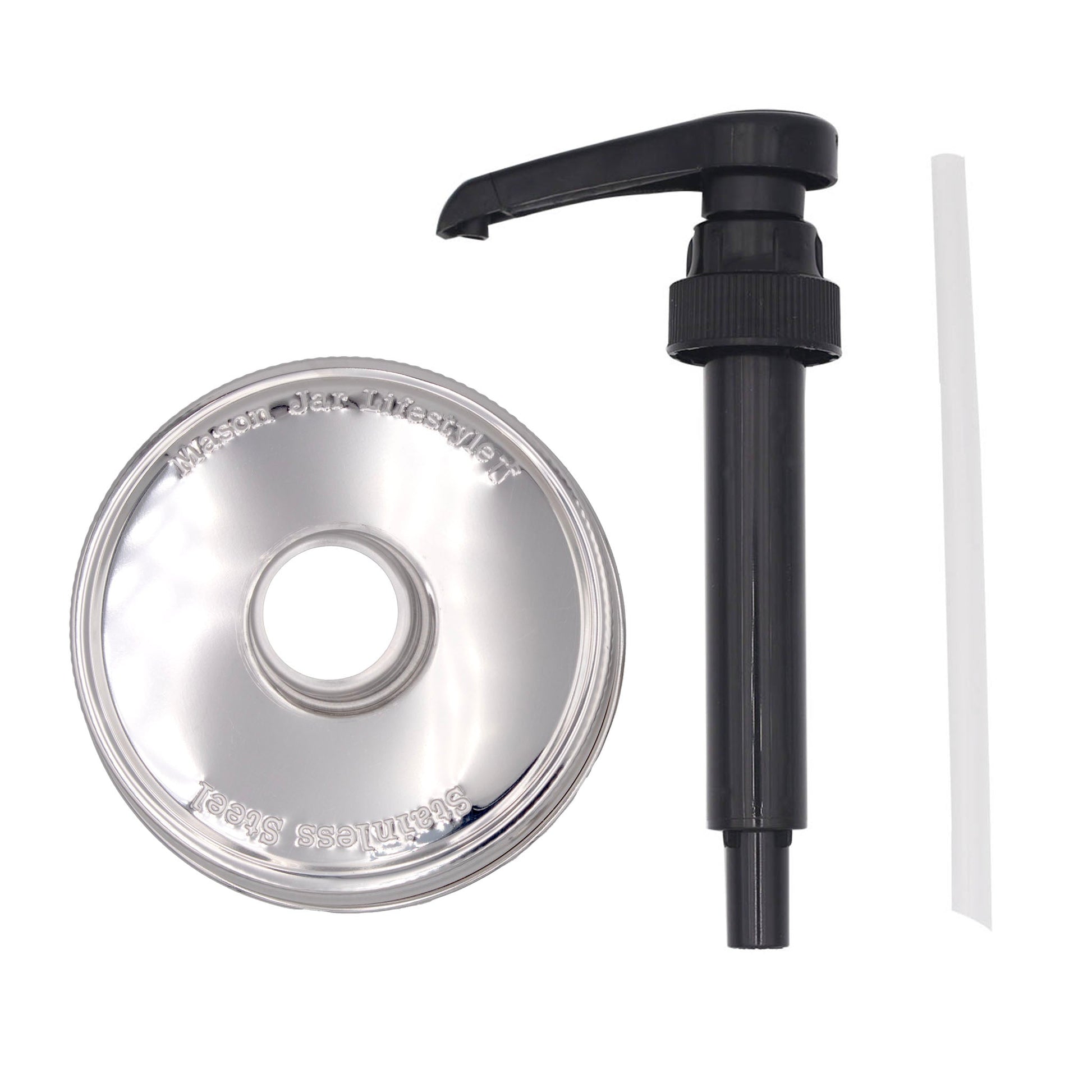 Food grade dispenser pump for Mason jars with matte stainless steel lid, suitable for regular-mouth Mason jars by Mason Jar Lifestyle.