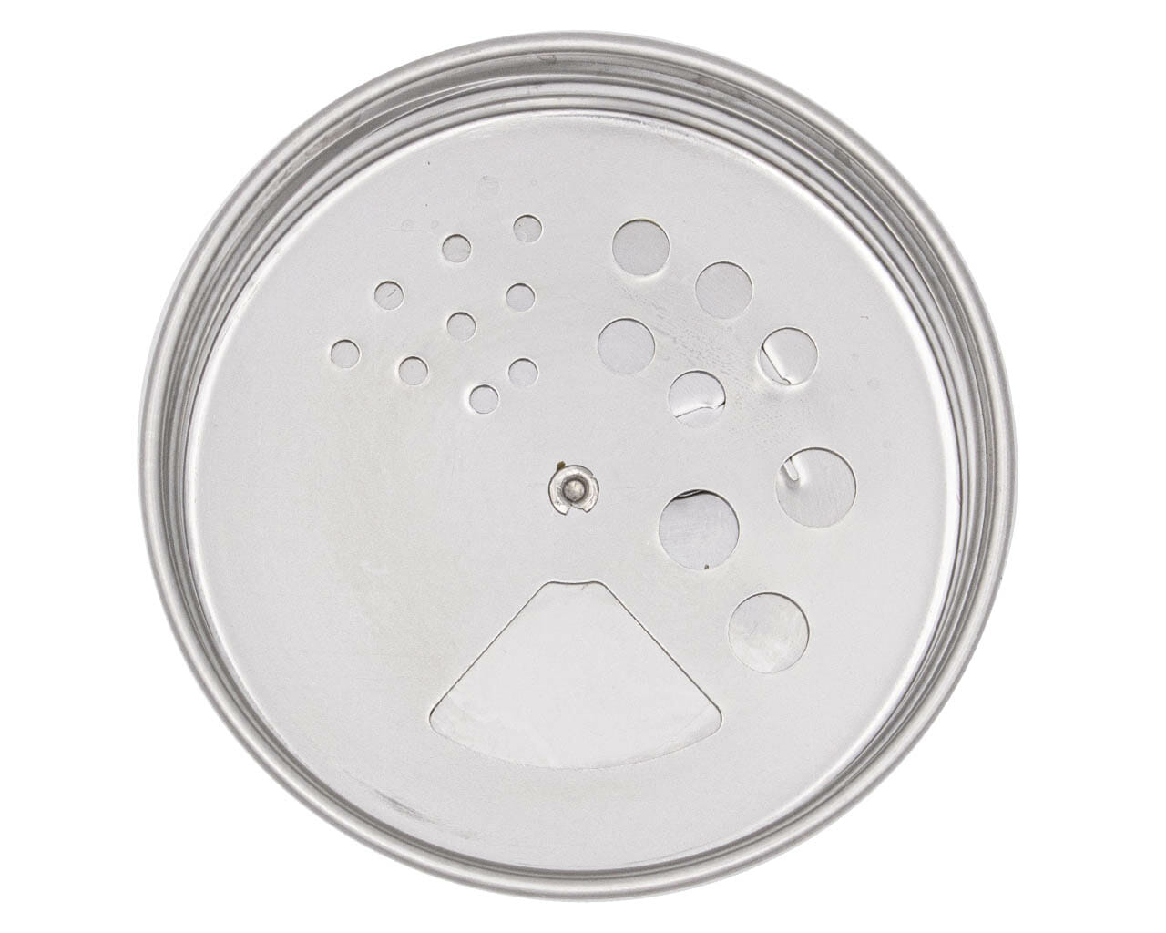 The Mason Jar Lifestyle Spice Shaker Stainless Steel Lids for Mason Jars (4 Pack) feature dishwasher-safe lids with multiple hole sizes in a pattern, ideal for sprinkling or straining, shown from above on a white background.