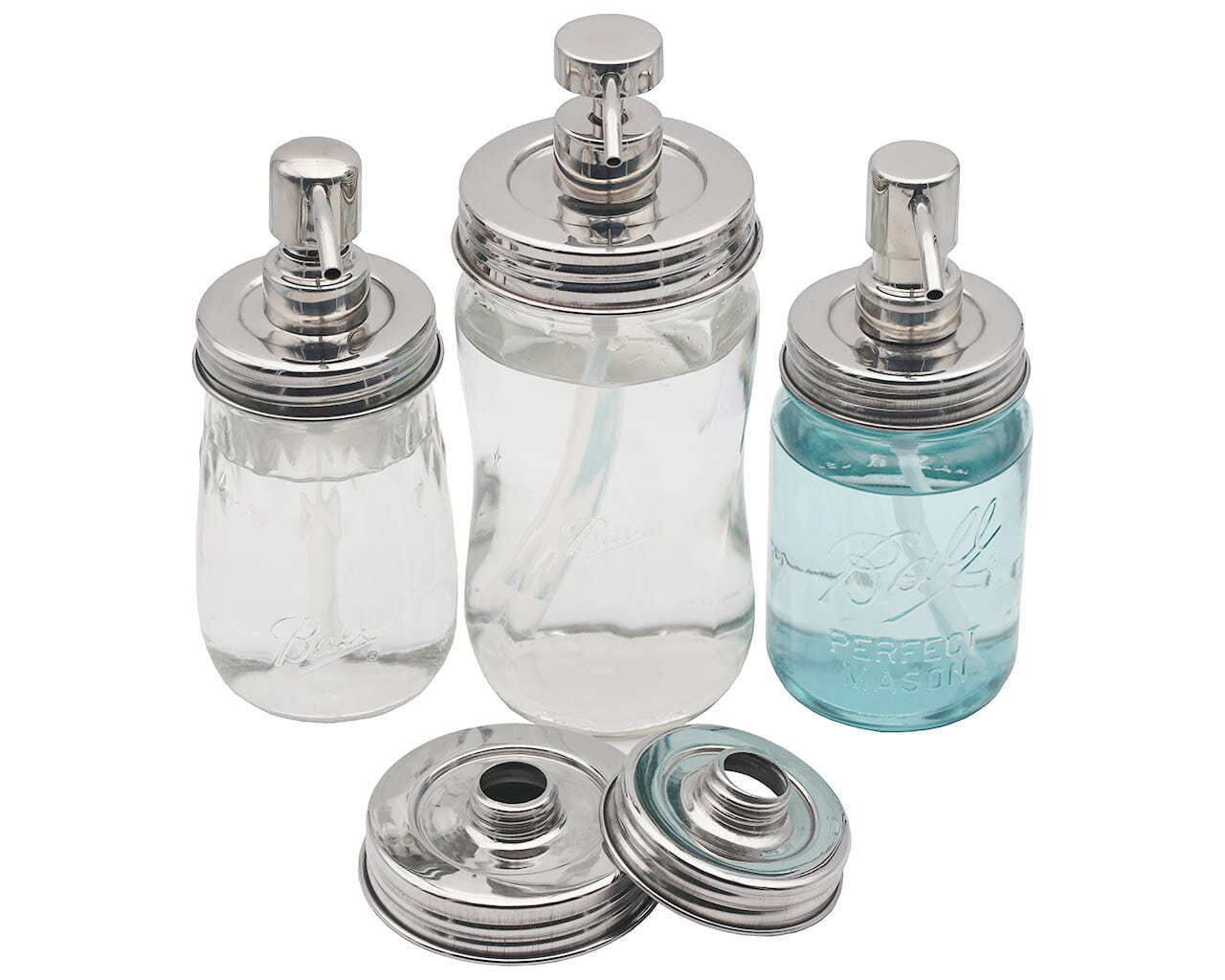 Set of five Mason Jar Lifestyle chrome soap pump dispensers with mirror finish, designed for regular-mouth mason jars.