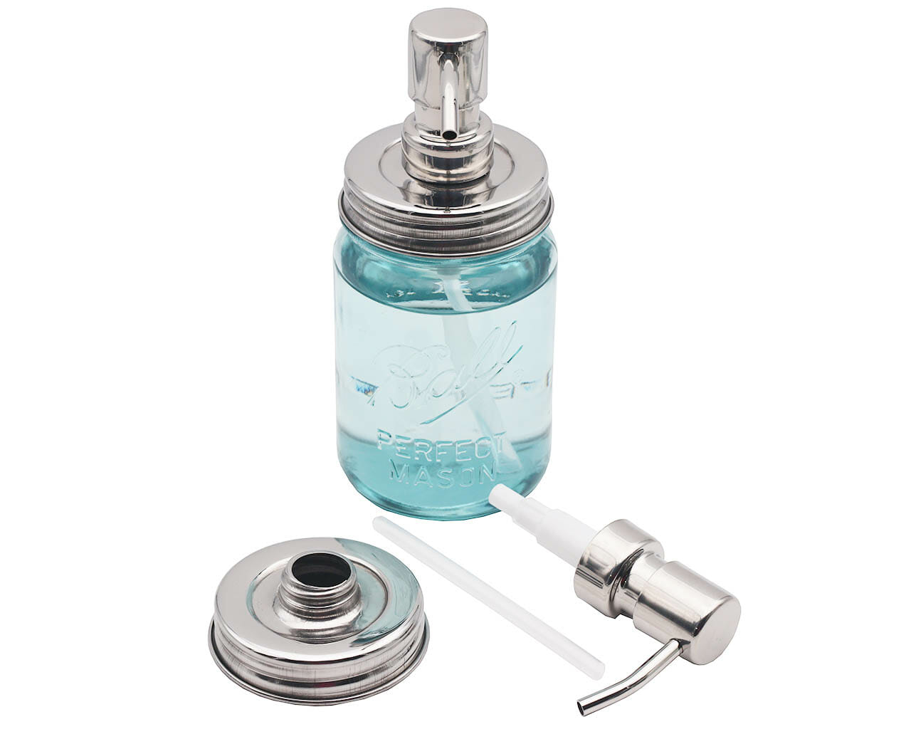 Chrome soap pump dispenser for mason jars, Mason Jar Lifestyle vintage-style mirror and threaded design, fits regular-mouth jars.