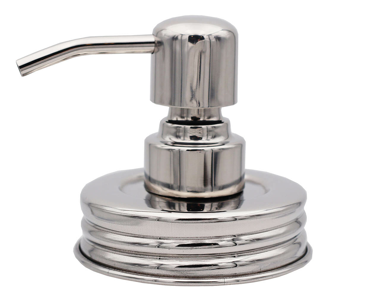 Chrome soap pump dispenser with mirror finish on a vintage-style Mason jar for kitchen or bathroom use.