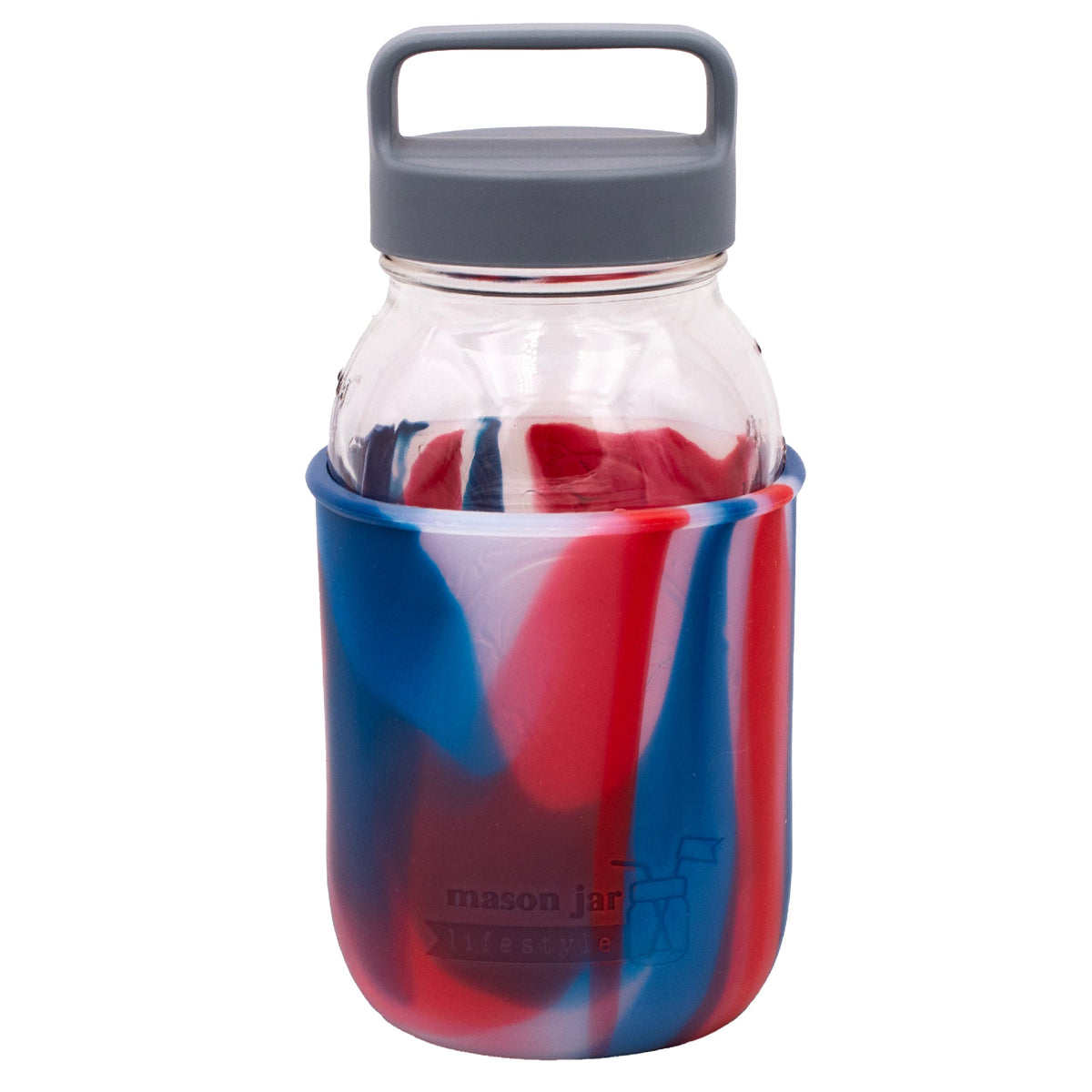 32oz Mason Jar Lifestyle glass water bottle with gray silicone sleeve and carry handle, ideal for travel and daily hydration.
