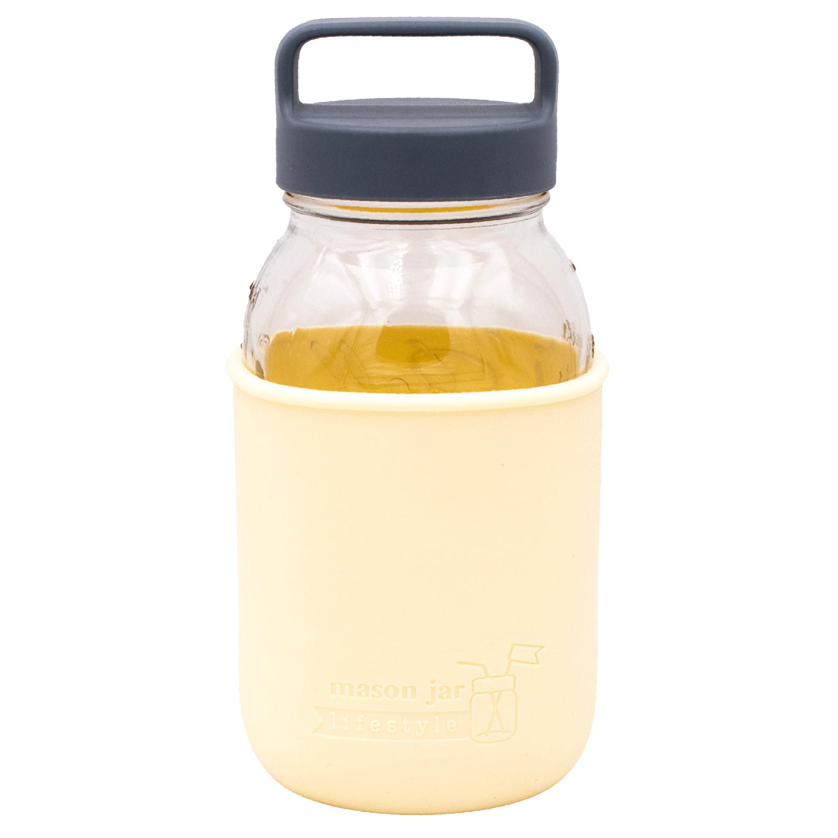 Mason Jar Lifestyle 32oz glass water bottle with yellow silicone sleeve, gray lid, and carry handle, ideal for travel and hydration.
