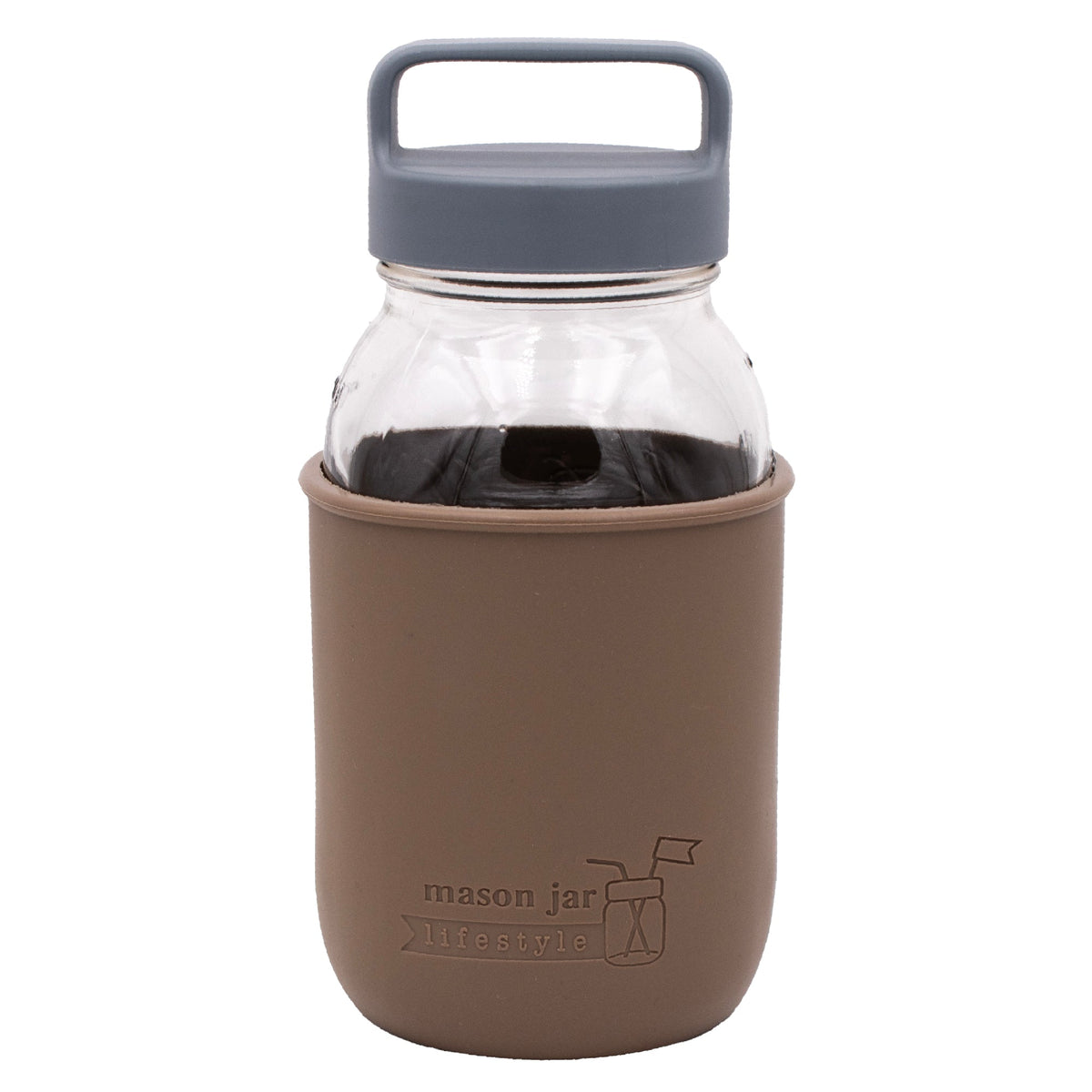 Mason Jar Lifestyle 32oz glass water bottle with brown silicone sleeve, plastic lid, and carry handle for travel and hydration.