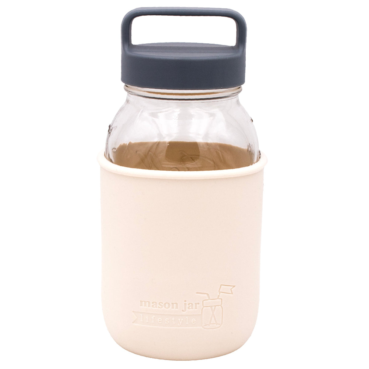 Mason Jar Lifestyle 32oz glass water bottle with gray silicone sleeve, plastic lid, and carry handle for travel and hydration.