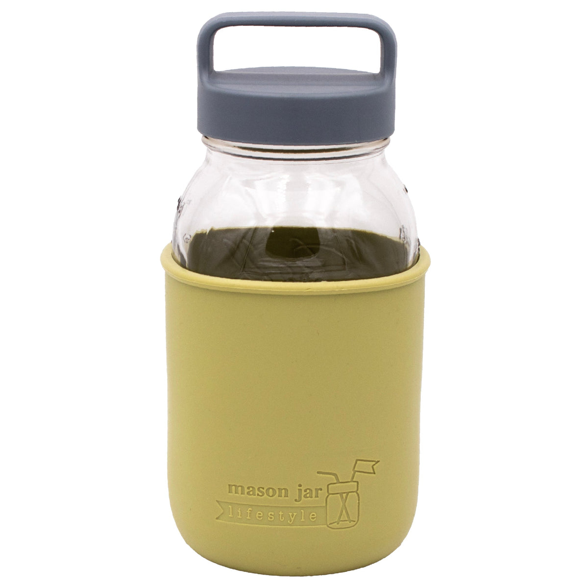Mason Jar Lifestyle 32oz glass water bottle with olive green silicone sleeve, gray lid, and carry handle for travel and hydration.