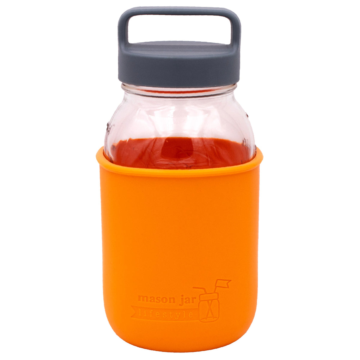 Mason Jar Lifestyle 32oz glass water bottle with orange silicone sleeve, gray canister lid, carry handle, ideal for travel and hydration.