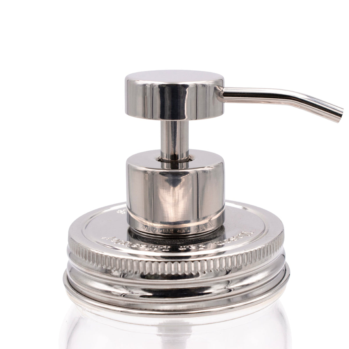 Chrome mirror soap pump dispenser with mason jar lid for bathroom or kitchen, reusable and refillable, fits regular mouth jars.