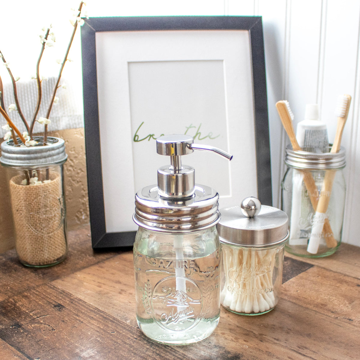 Chrome soap pump dispenser with mirror lid designed for mason jars, ideal for bathroom or kitchen decor and reusable refilling.