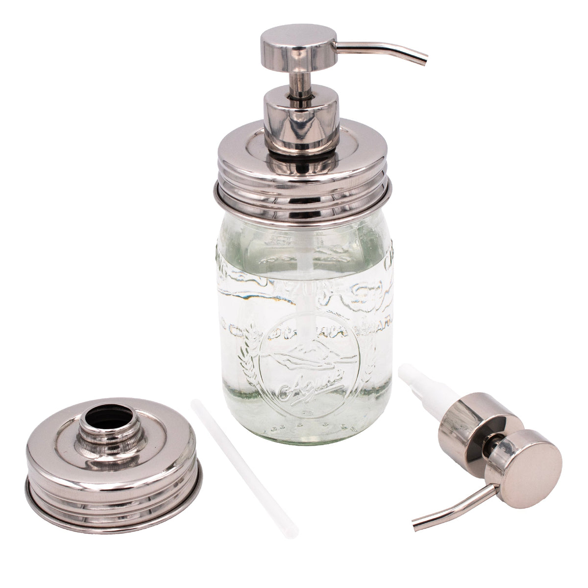 Chrome soap pump dispenser with mirror lid for Mason jars, vintage-style, reusable, fits regular-mouth jars for bathroom or kitchen use