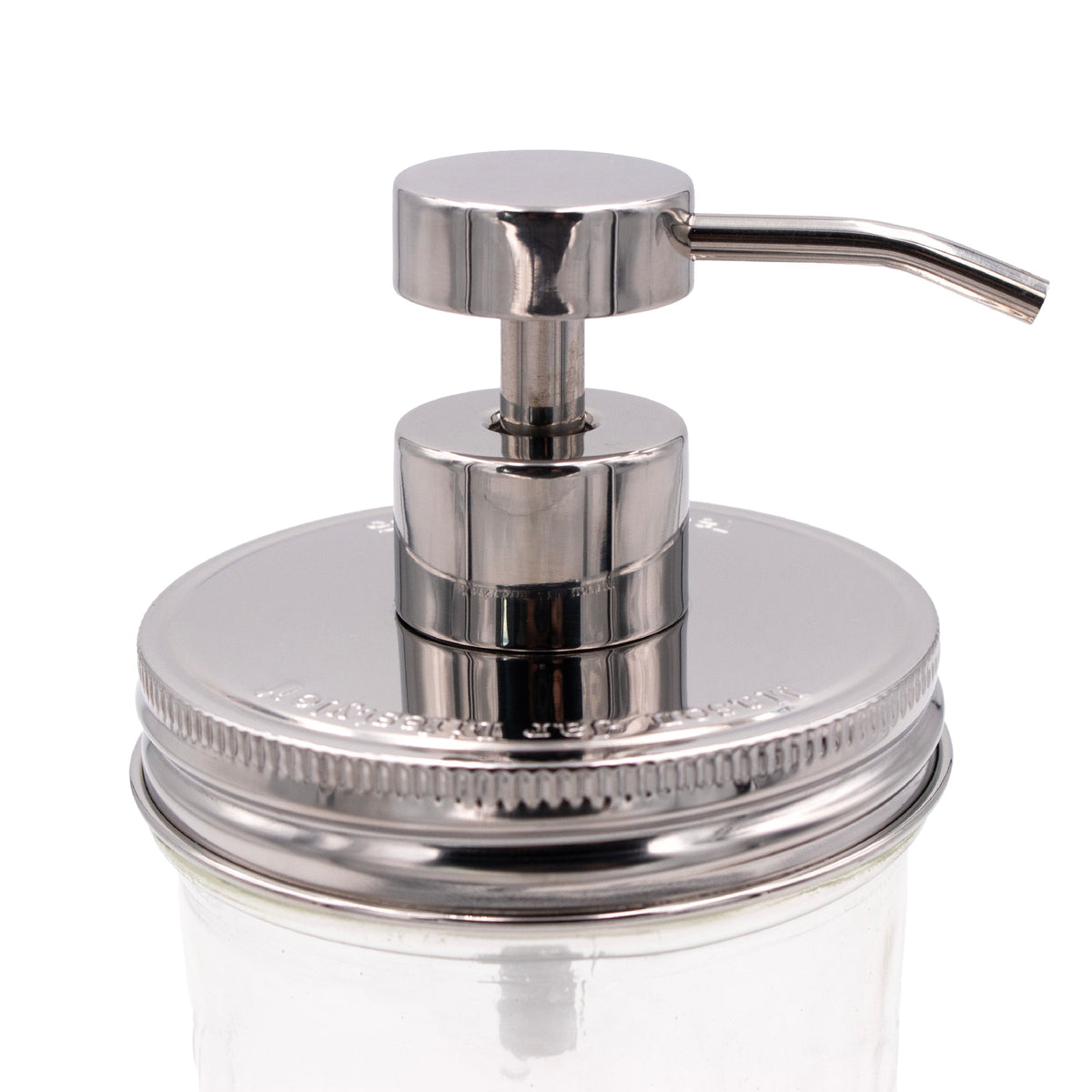 Chrome soap pump dispenser with mirror lid for wide-mouth Mason jars, reusable and refillable for kitchen or bathroom use.